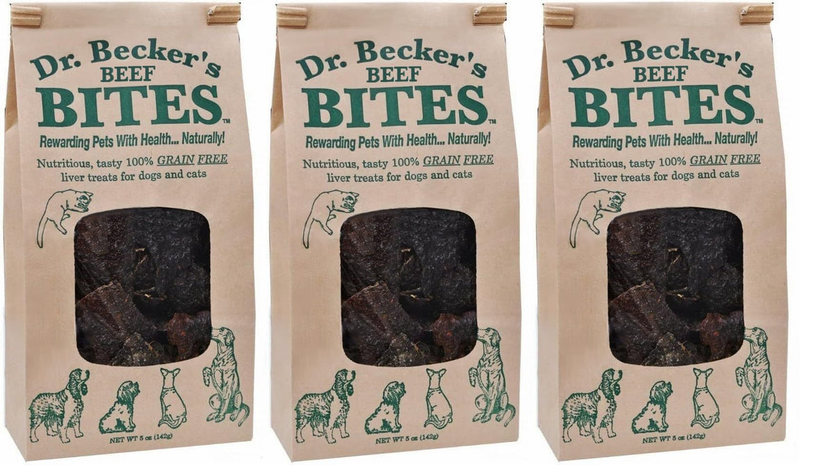 Dr. Becker's Original Beef Bites pack shot, ideal training rewards for dogs and cats.