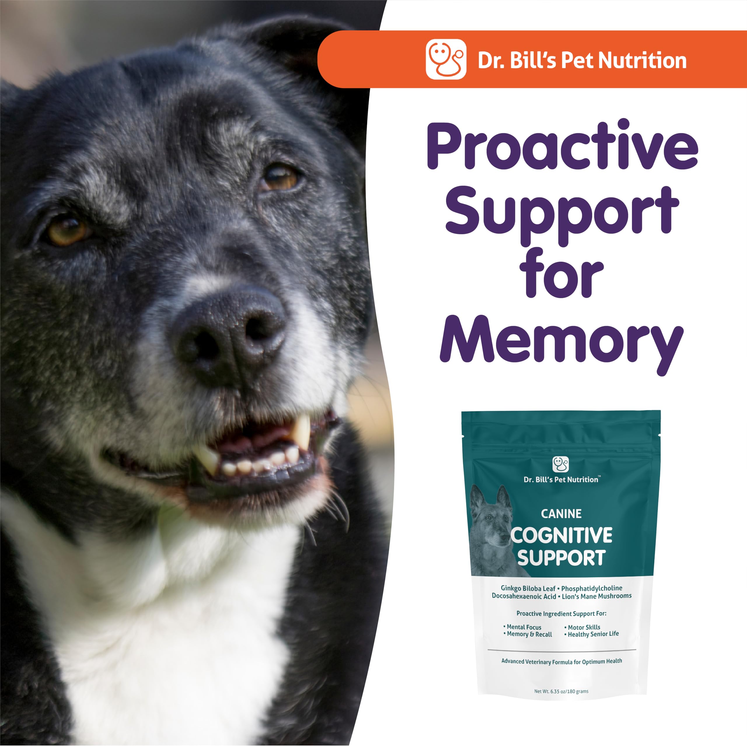 Dr. Bill’s canine cognitive support made in USA seal on box