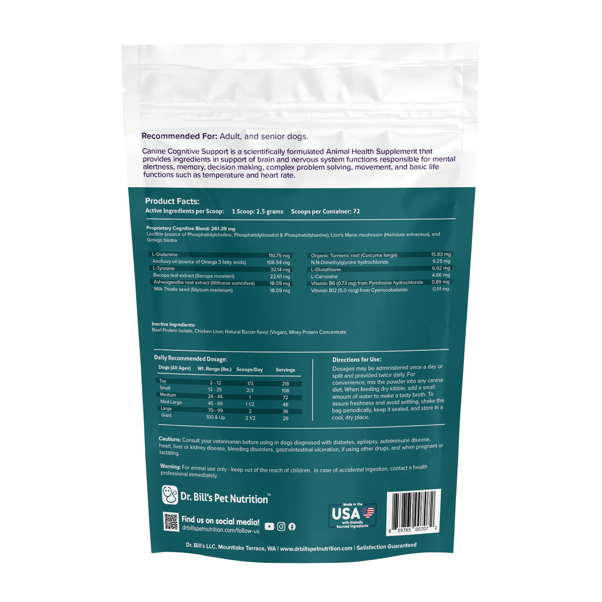 Dr. Bill’s canine cognitive support vitamin B12 label benefits