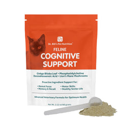 Dr. Bill's Feline Cognitive Support bottle highlights memory support for aging cats