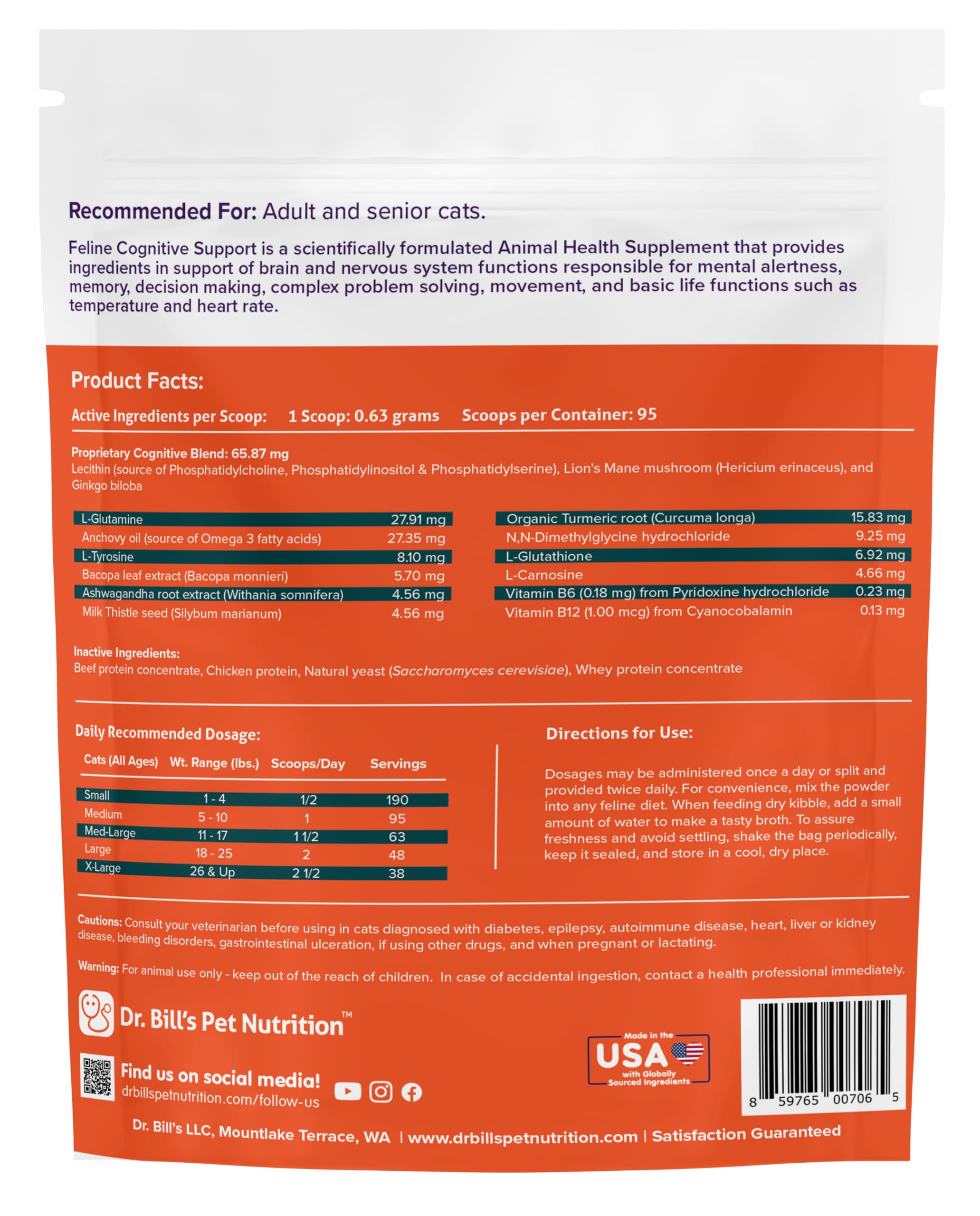 Dr. Bill's Feline Cognitive Support includes L-Carnosine for neural health