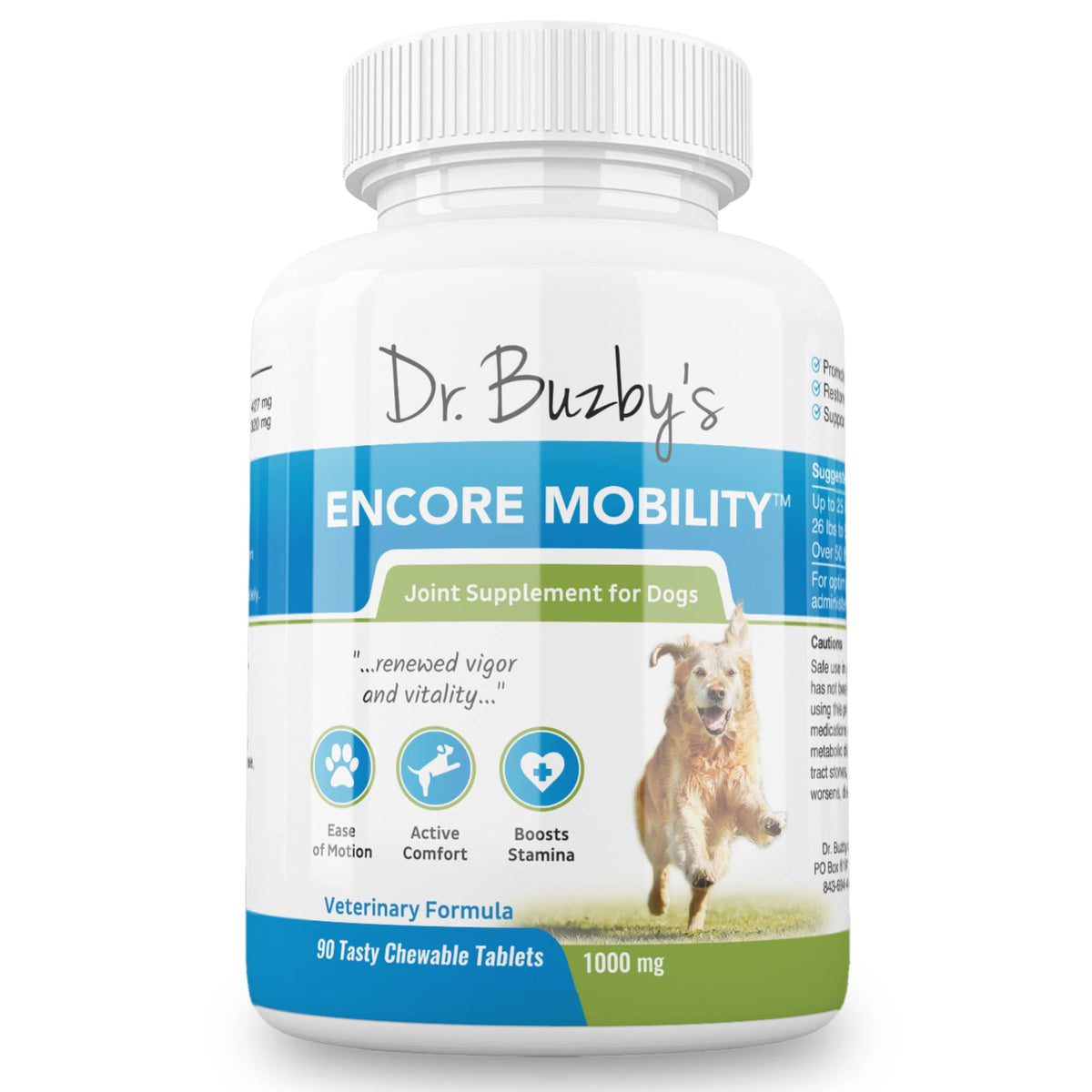Dr. Buzbys Encore Mobility bottle close-up with soft chews for mobility.