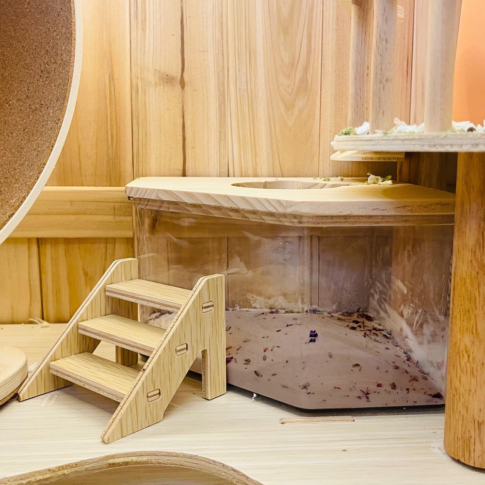 DR.DUDU hamster bath sand habitat with lavender shows calming grooming setup.