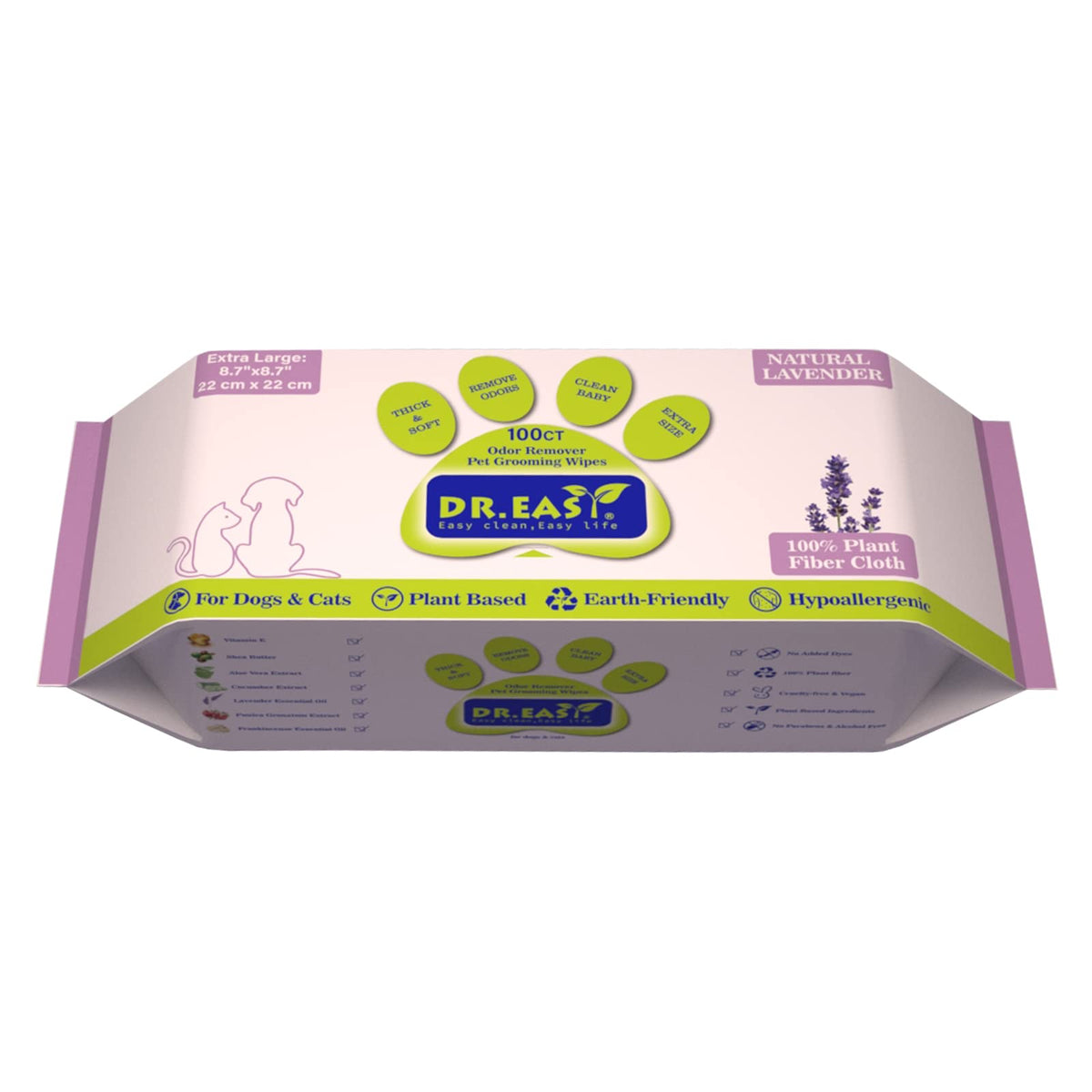 DR.EASY Odor Remover Pet Wipes lavender packaging for plant-based cleaning on the go