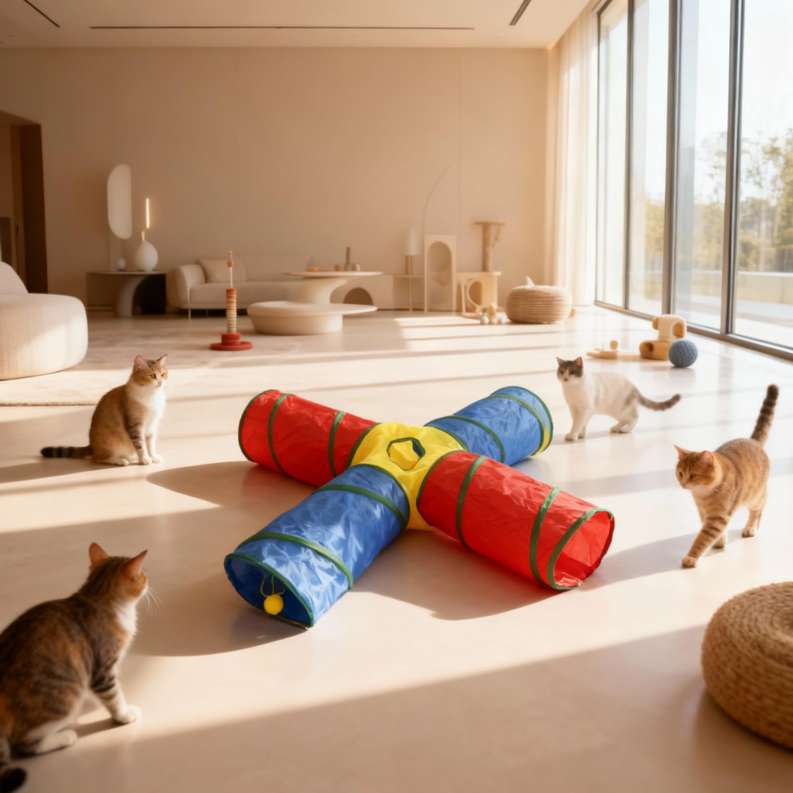 Dr. Fluffyyes Rainbow Tube showcases vivid colors during lively indoor play.