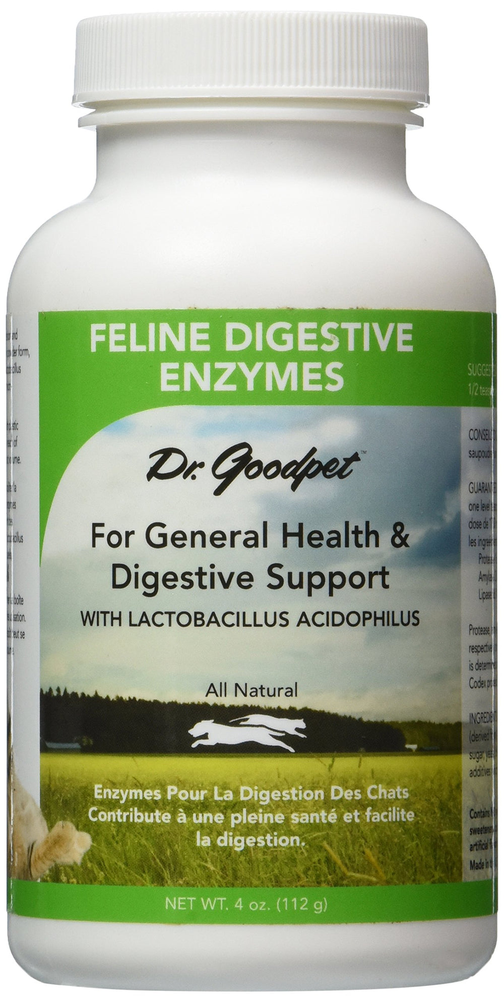 Dr. Goodpet feline digestive enzymes bottle close-up highlighting vegan formula for digestion support