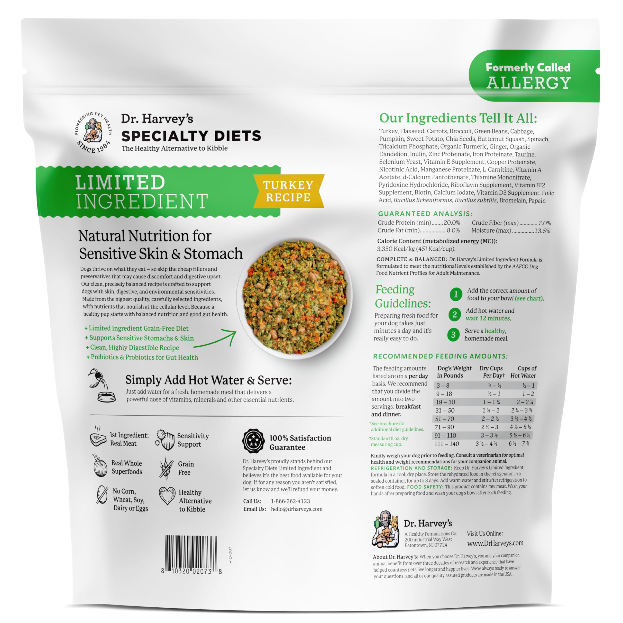 Bag front highlights 5lb size and human-grade benefits from Dr. Harvey's.