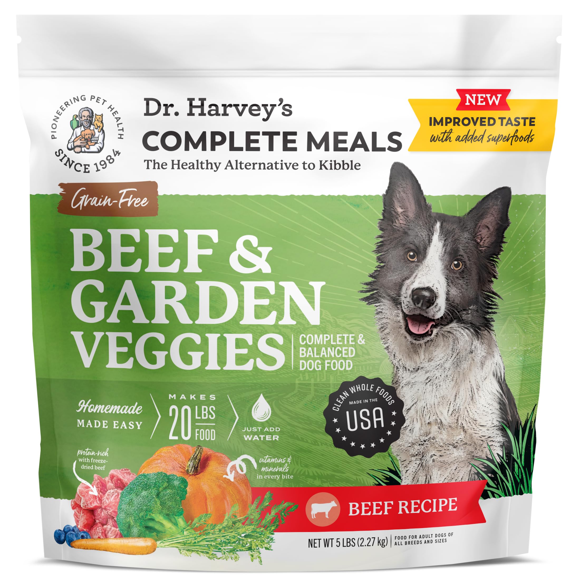 Dr. Harvey's Beef & Garden Veggies dog food bag — real beef first ingredient supports balanced nutrition.
