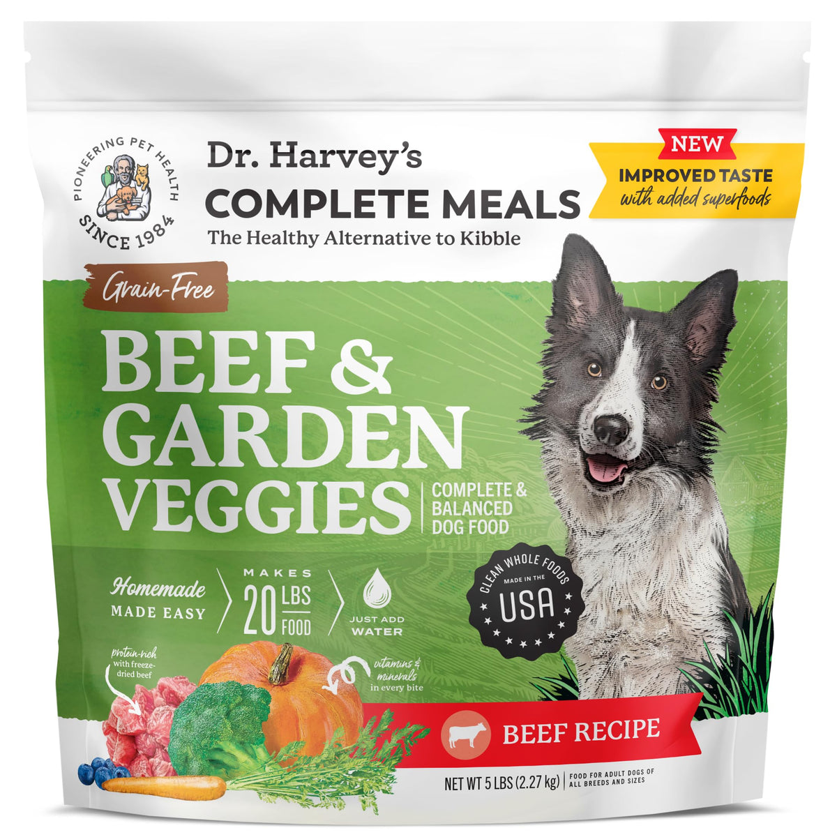 Dr. Harvey's Beef & Garden Veggies dog food bag — real beef first ingredient supports balanced nutrition.