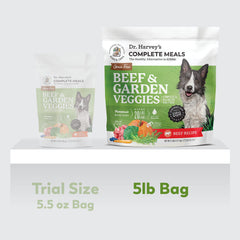 Dr. Harvey's Beef & Garden Veggies in a dog bowl — ready-to-serve meal supports easy home preparation.