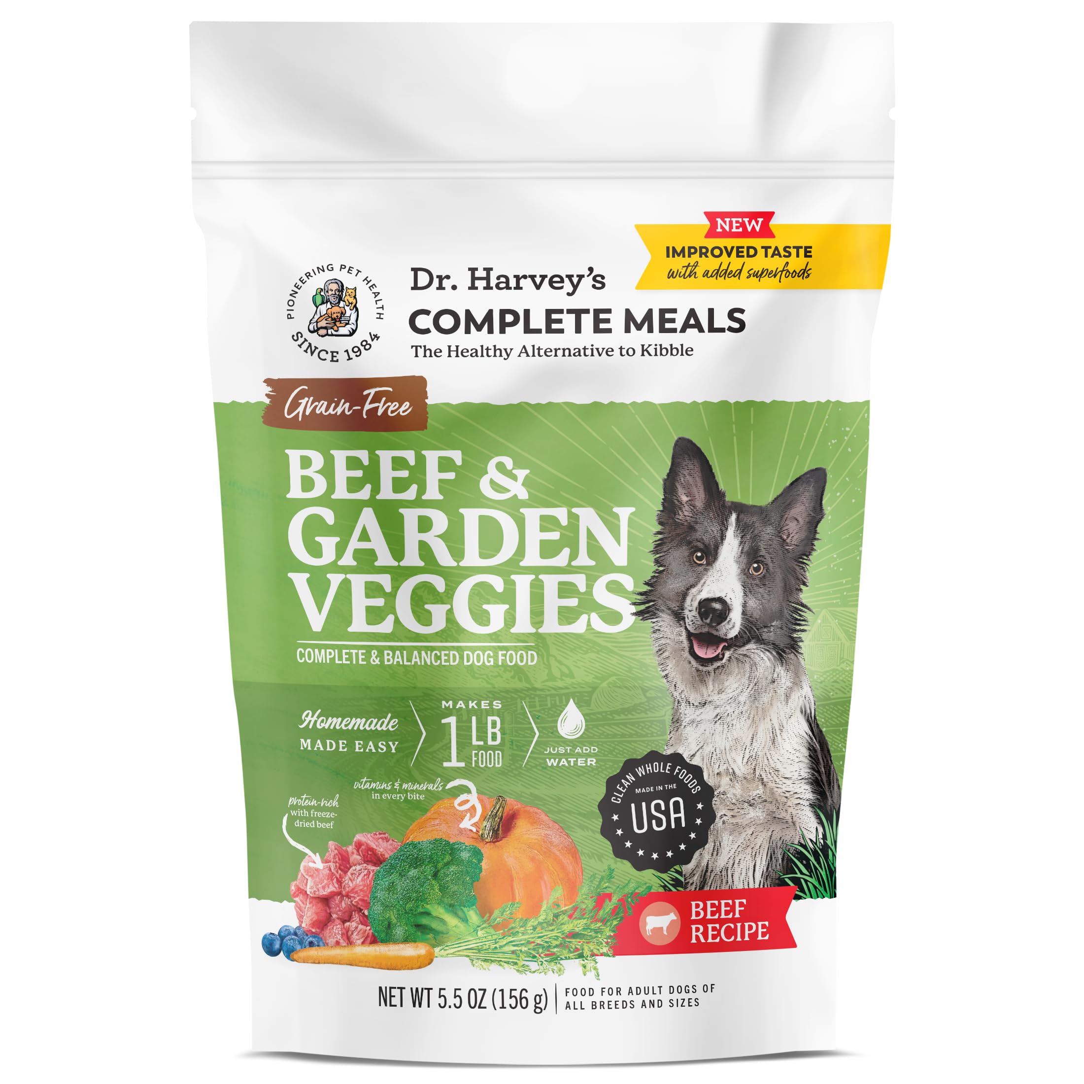 Dr. Harvey's Beef and Garden Veggies packaging for easy at home meals