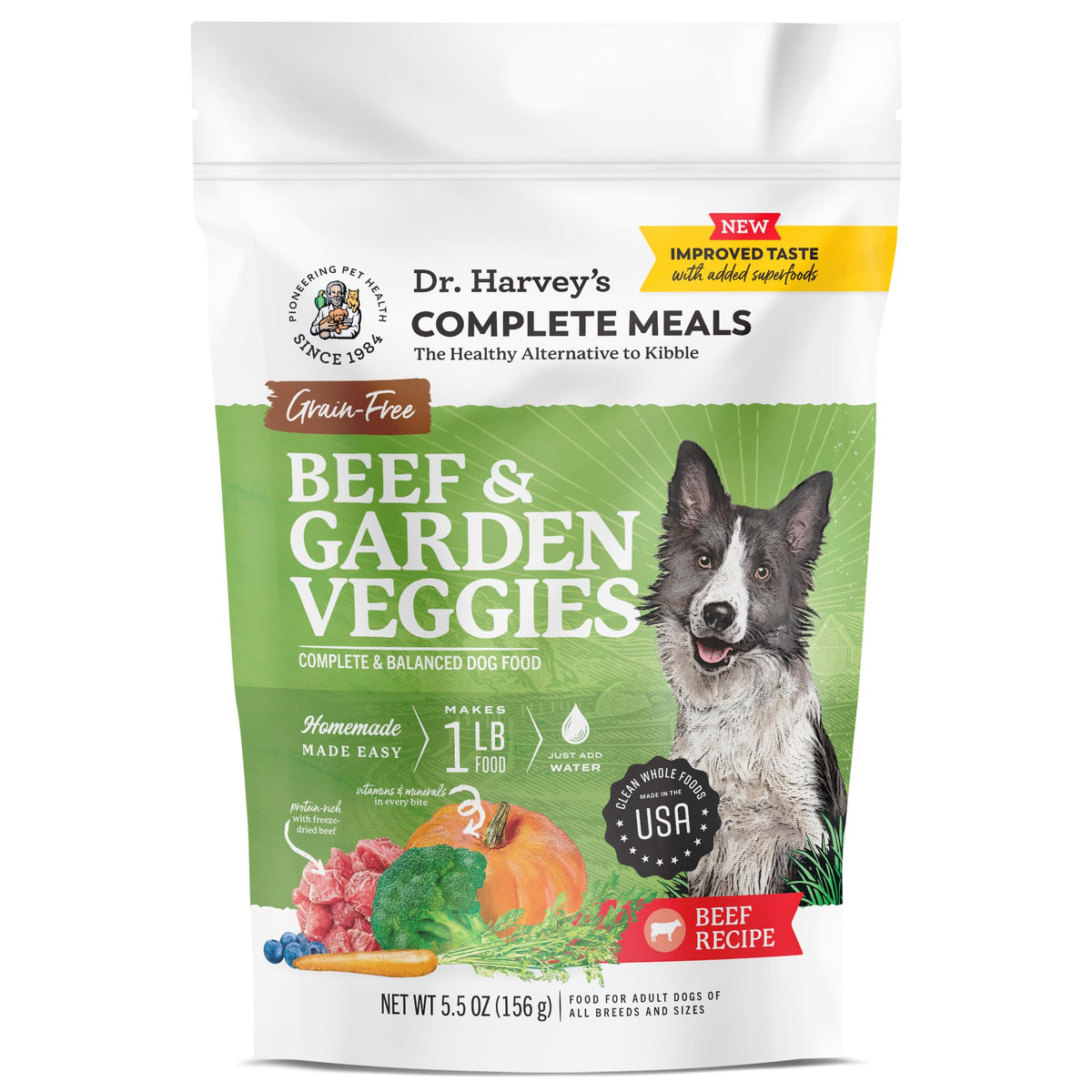 Dr. Harvey's Beef and Garden Veggies packaging for easy at home meals
