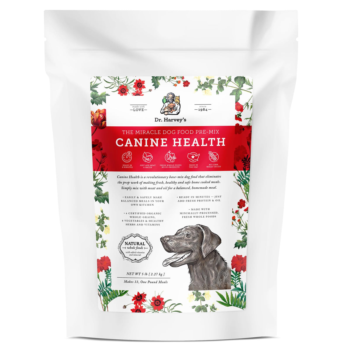 Dr. Harvey's Canine Health base mix packaging promotes wholesome, nutrient-dense home meals