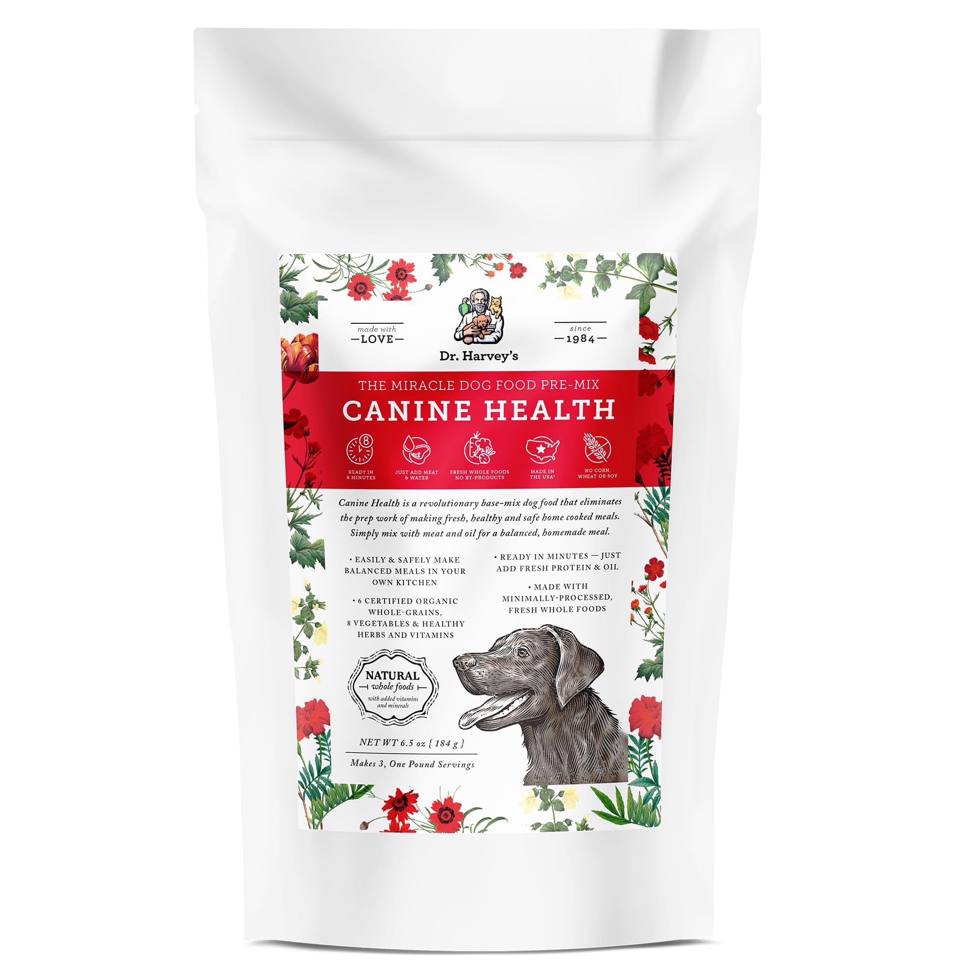 Dr. Harvey's Canine Health Miracle base mix ingredients in a bowl for a balanced meal.