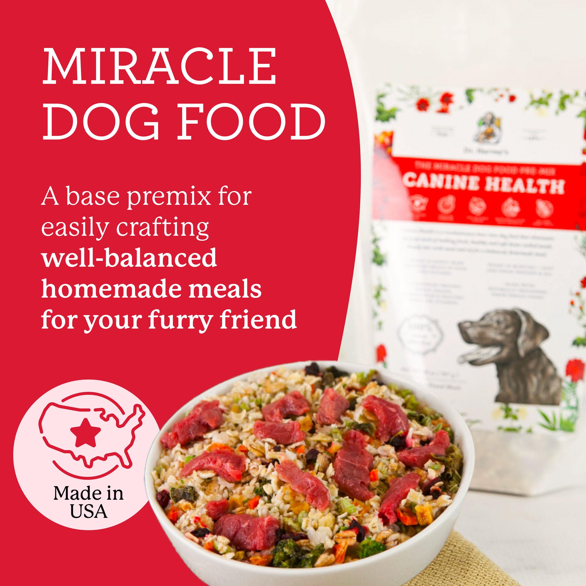 Dr. Harvey's base mix rehydration shown for quick, homemade dog meals.