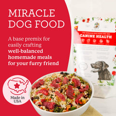 Dr. Harvey's base mix rehydration shown for quick, homemade dog meals.