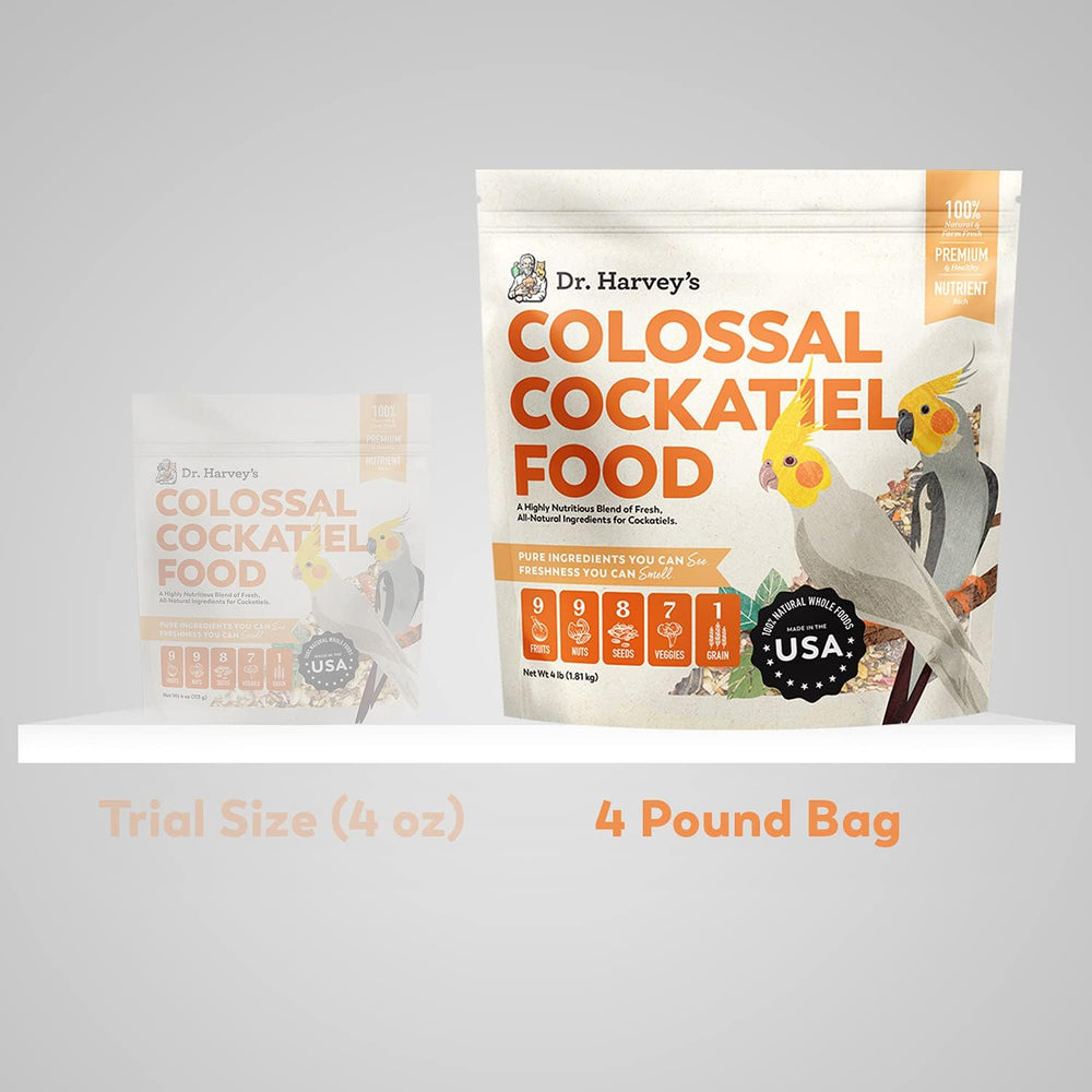 4 lb bag of Dr. Harvey's Colossal Cockatiel Blend ready for daily use.