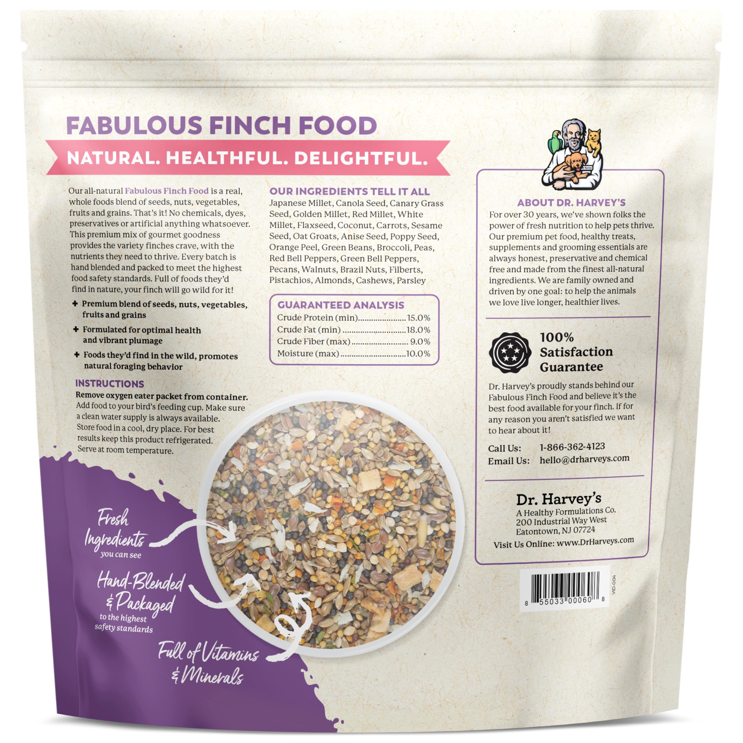 Resealable bag preserves freshness of Dr. Harvey’s Fabulous Finch Food for backyard feeding.