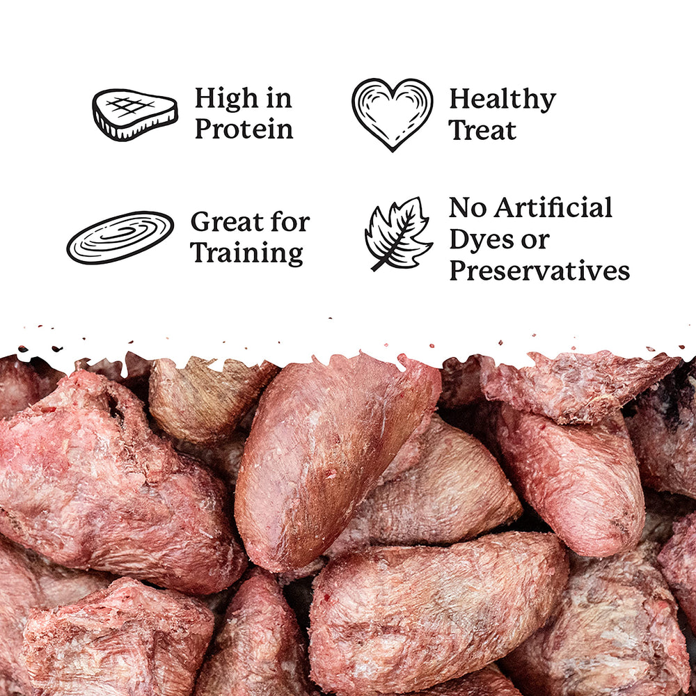 Dr. Harvey's Freeze-Dried Chicken Hearts close-up — high-protein bite with low fat.