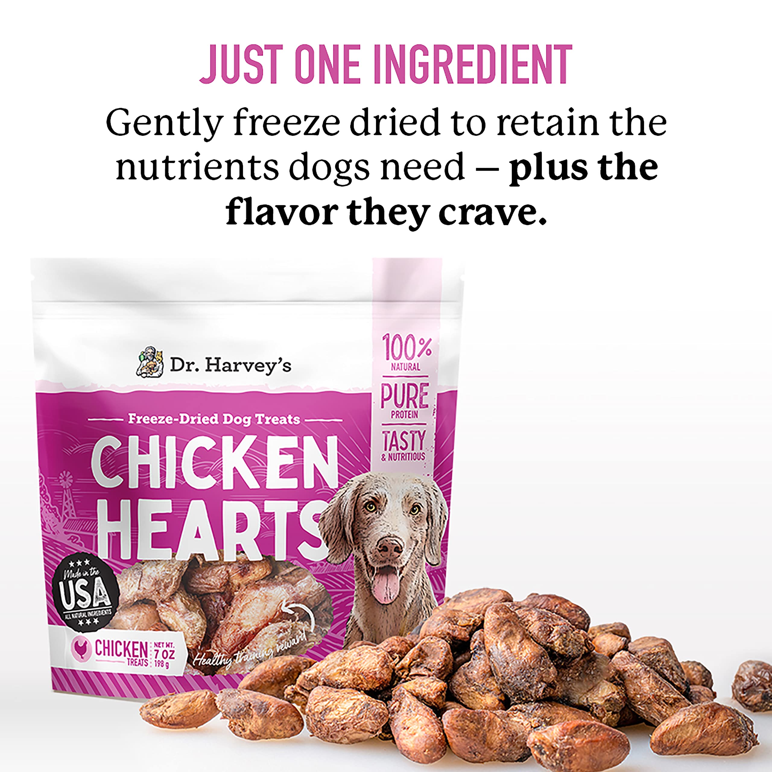 Dr. Harvey's ingredients closeup — 100% natural chicken hearts without additives.