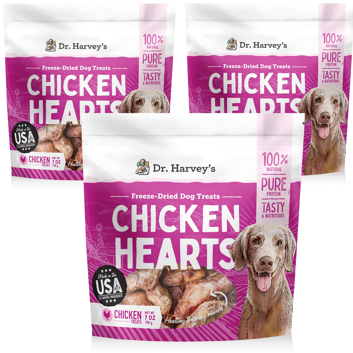 Dr. Harvey's Freeze-Dried Chicken Hearts pack 1 — pure protein reward for training.