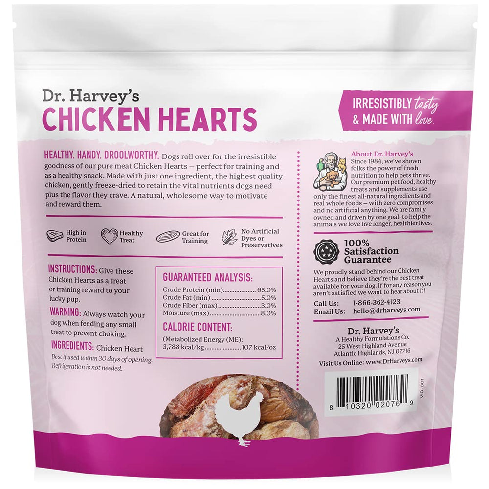 Back packaging view of Dr. Harvey's Freeze-Dried Chicken Hearts indicating 7 oz pack