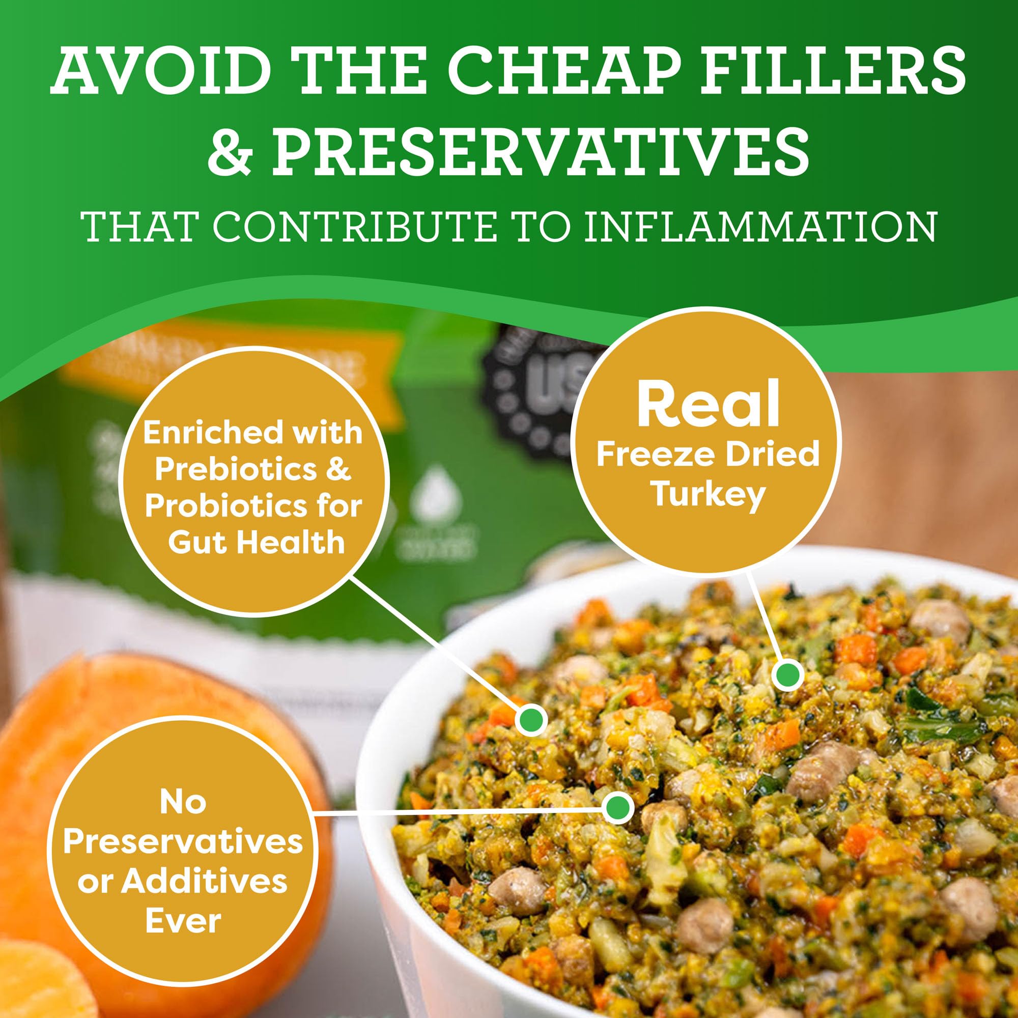 Freeze-dried turkey chunks used in Dr. Harvey's diet for preserved nutrients and texture.