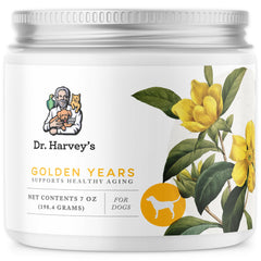 Dr. Harvey's Golden Years dog supplement bottle for seniors.