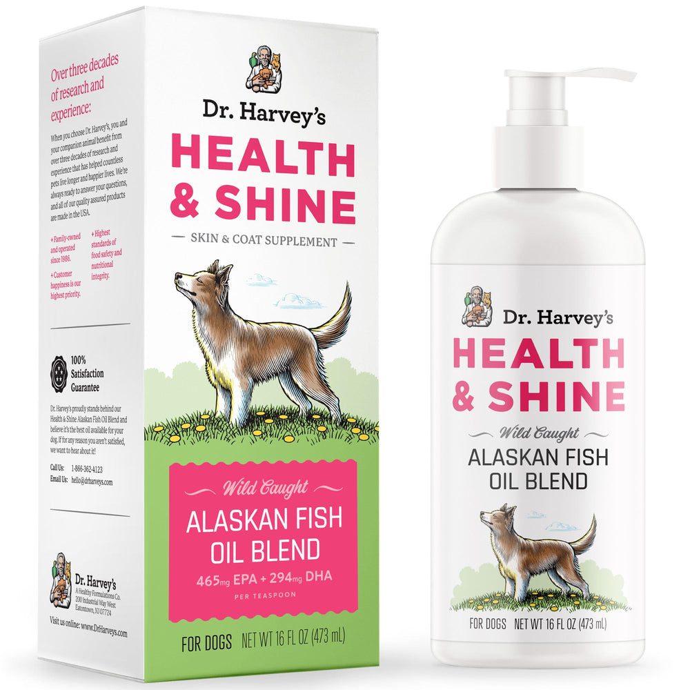 Dr. Harvey's Health & Shine Alaska fish oil bottle supports coat health