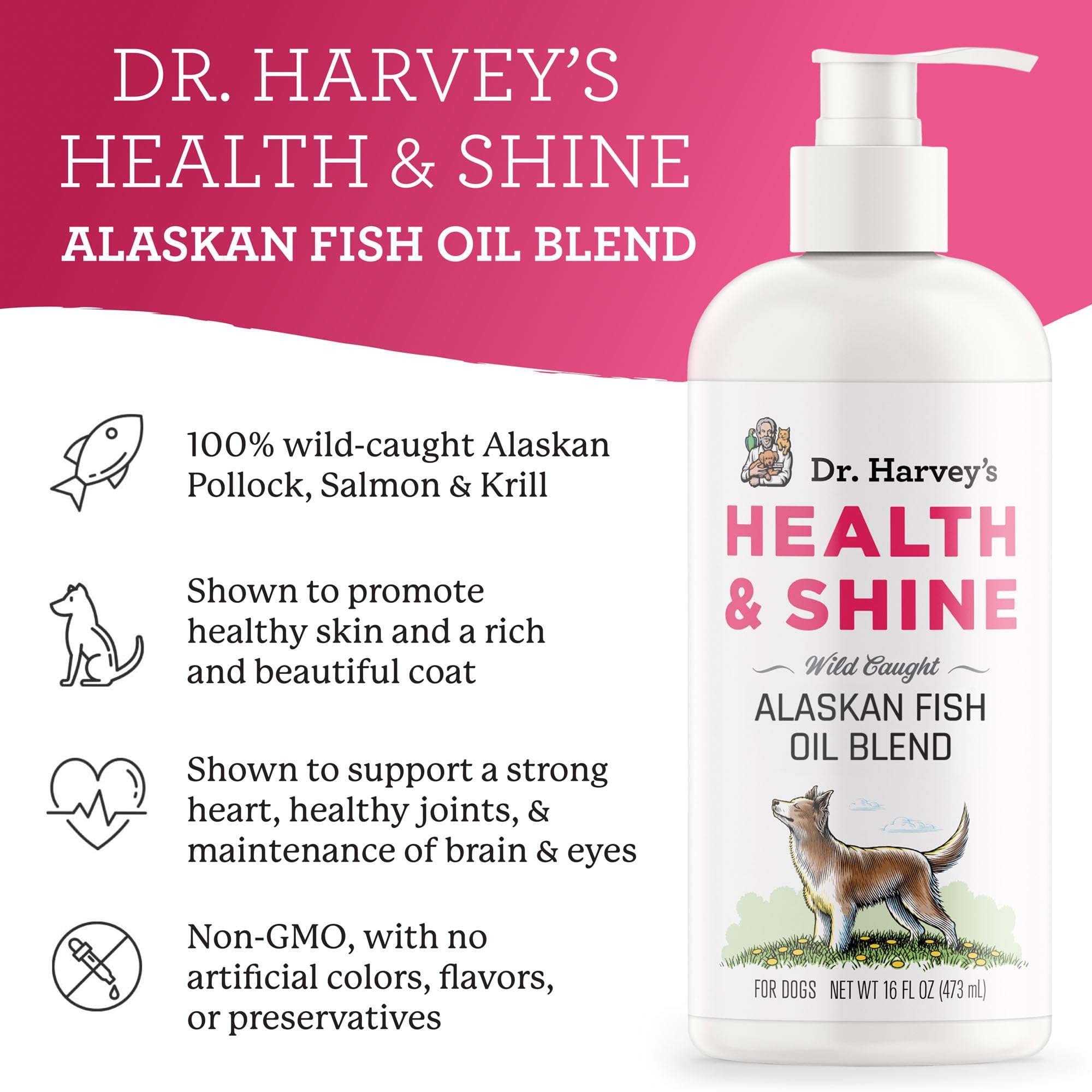Dr. Harvey's Health & Shine label closeup with purified no fishy odor