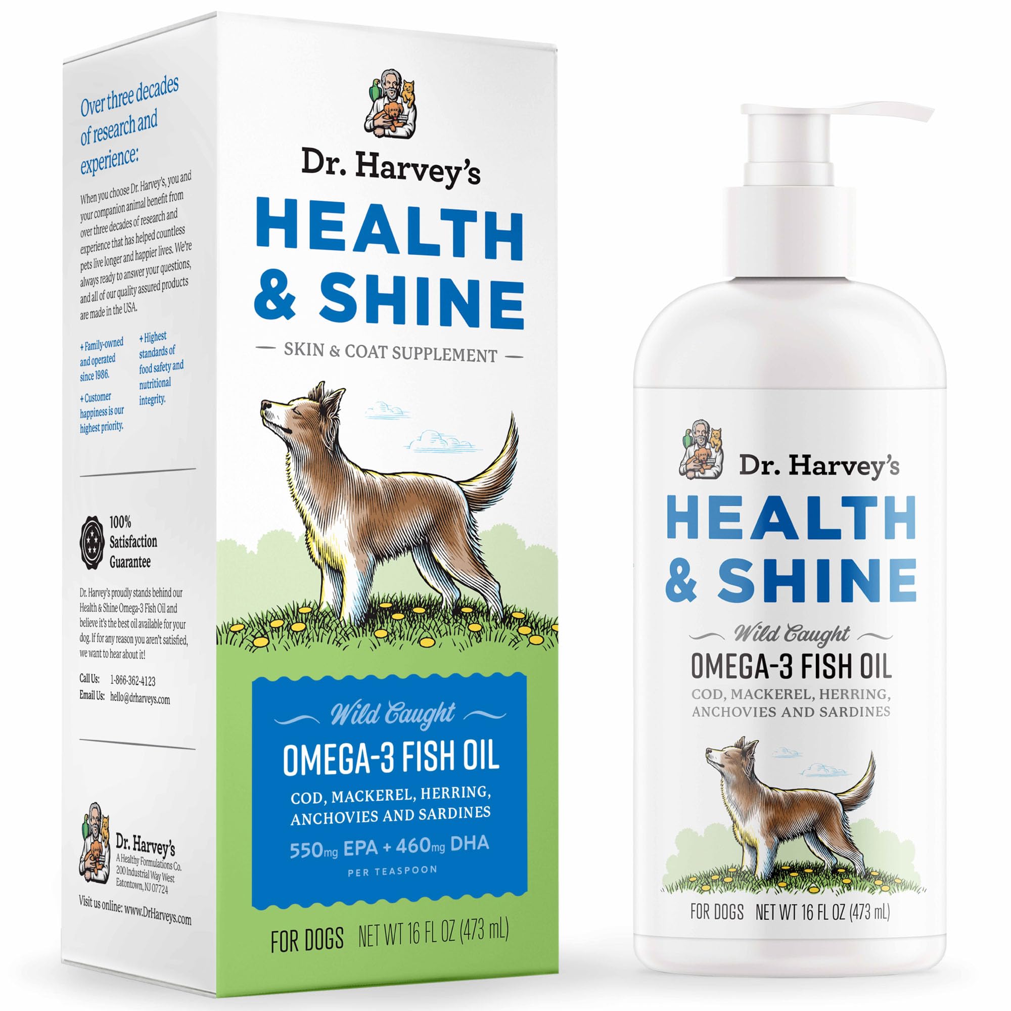 Dr. Harvey’s Health & Shine Omega-3 bottle with pump for dogs, mess-free dosing.