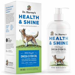Dr. Harvey’s Health & Shine Omega-3 bottle with pump for dogs, mess-free dosing.