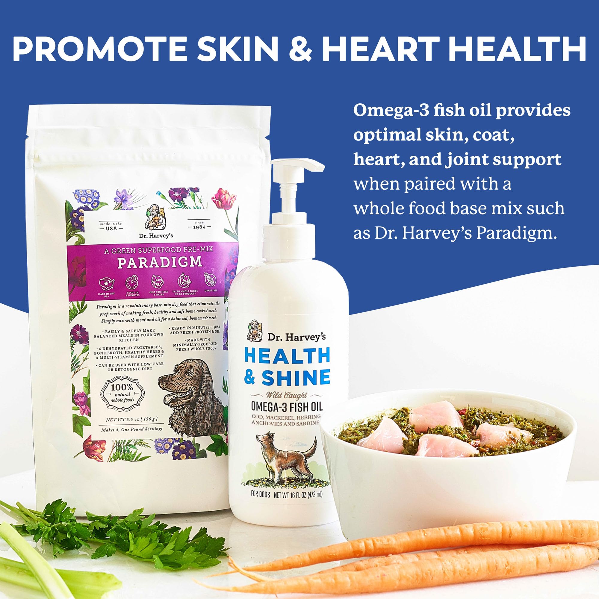 Dr. Harvey’s Health & Shine Omega-3 promotes a glossy coat in dogs.