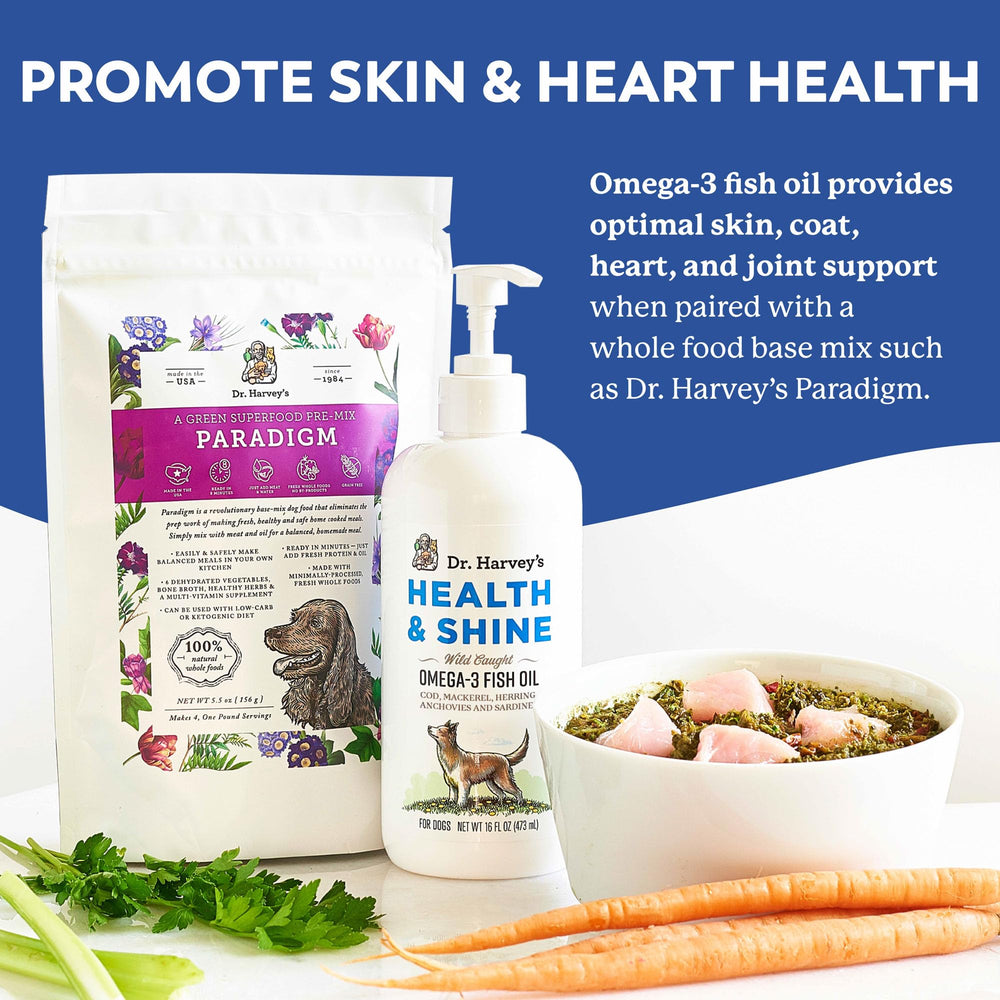 Dr. Harvey’s Health & Shine Omega-3 promotes a glossy coat in dogs.