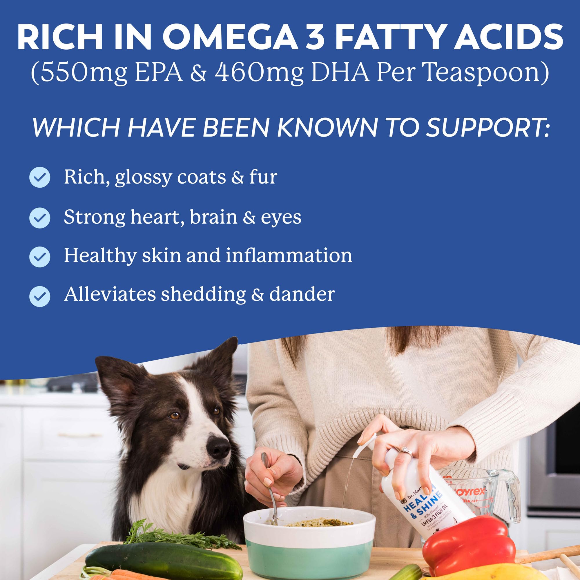 Dr. Harvey’s Health & Shine Omega-3 helps itchy skin relief for dogs.