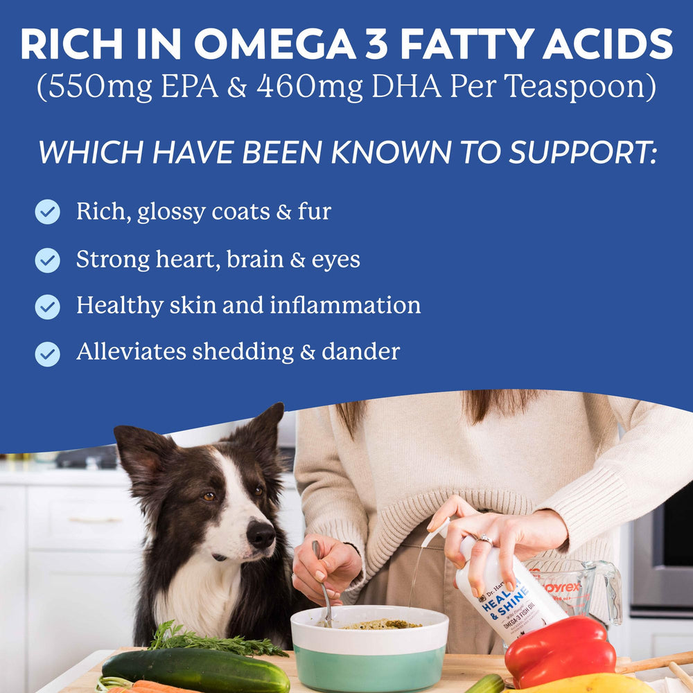 Dr. Harvey’s Health & Shine Omega-3 helps itchy skin relief for dogs.