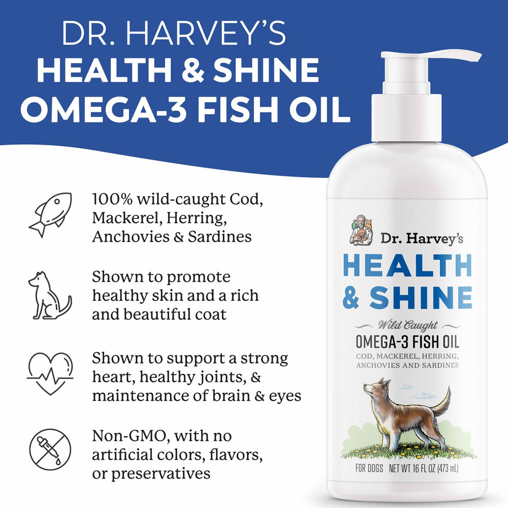 Dr. Harvey’s Health & Shine Omega-3 supports dogs' joint flexibility and comfort.