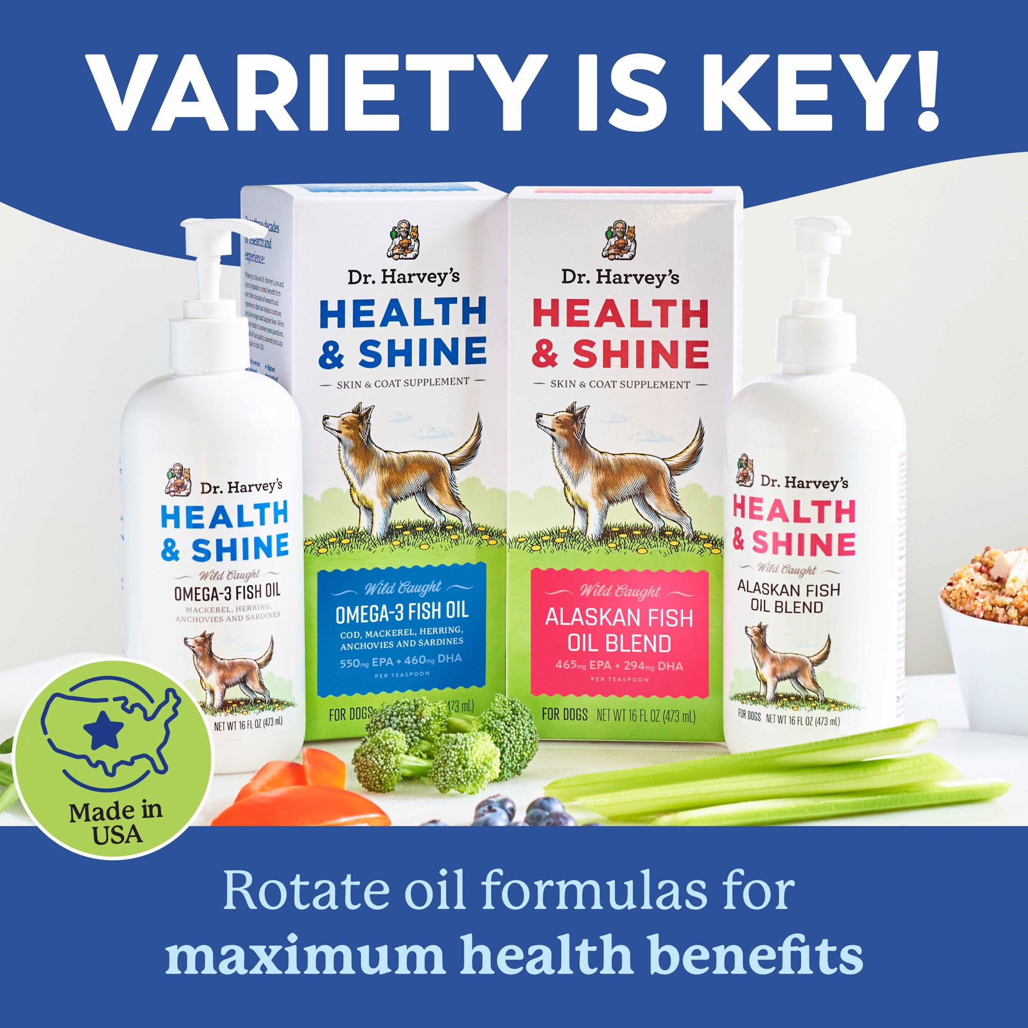 Dr. Harvey’s Health & Shine Omega-3 made in the USA with non-GMO ingredients.