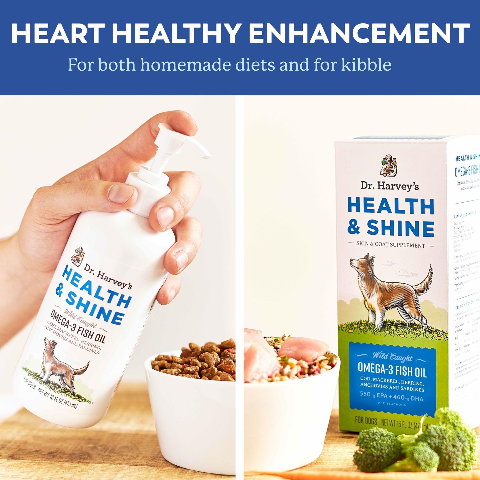 Dr. Harvey’s Health & Shine Omega-3 purified formula with reduced fishy odor.