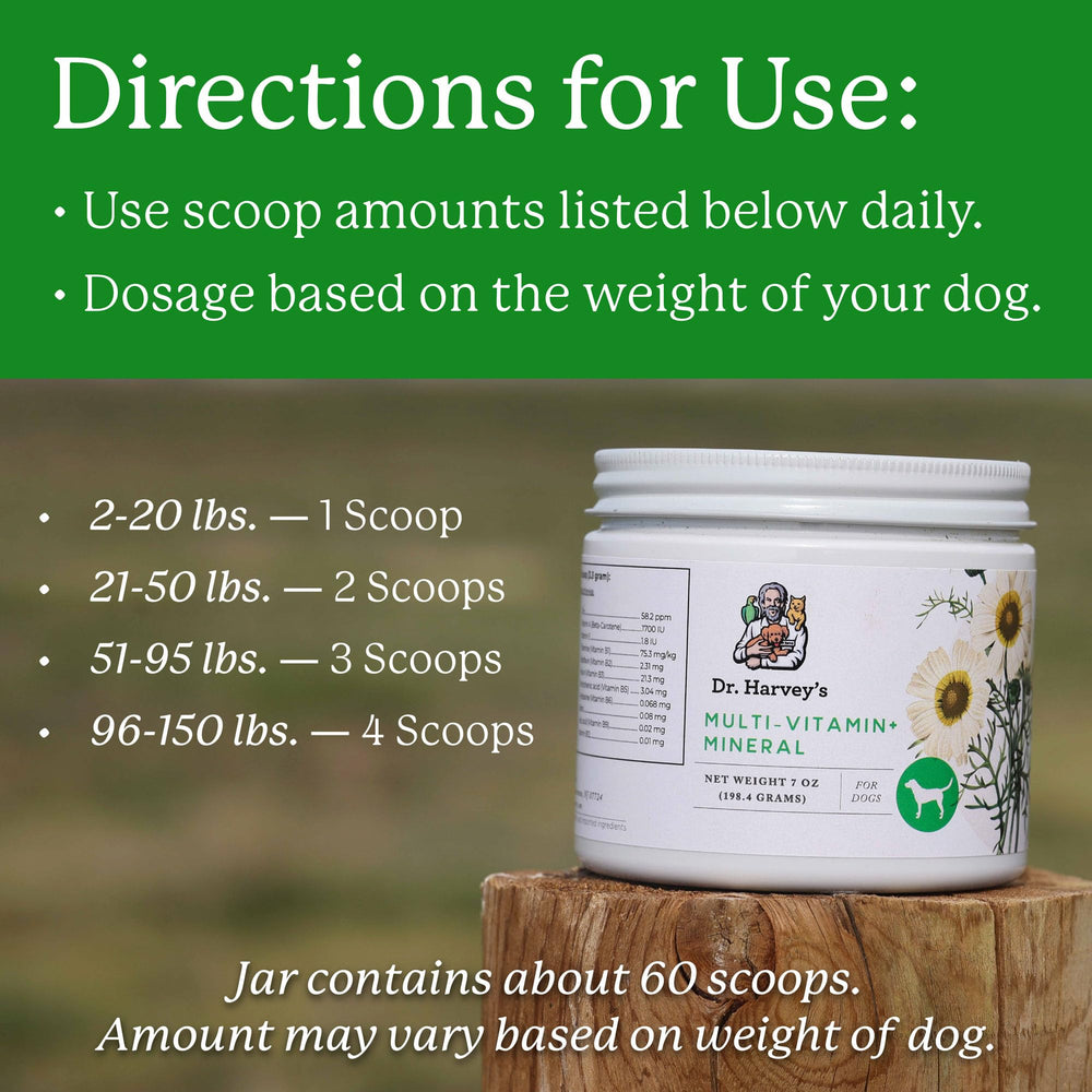 Dr. Harvey's Herbal Multi-Vitamin ingredients show kelp, alfalfa, and flaxseed for natural nutrition.