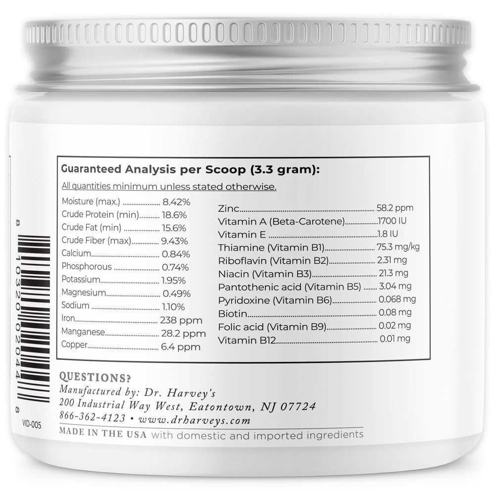 Dr. Harvey's Herbal Multi-Vitamin measuring scoop illustrates effortless portioning into dog food.