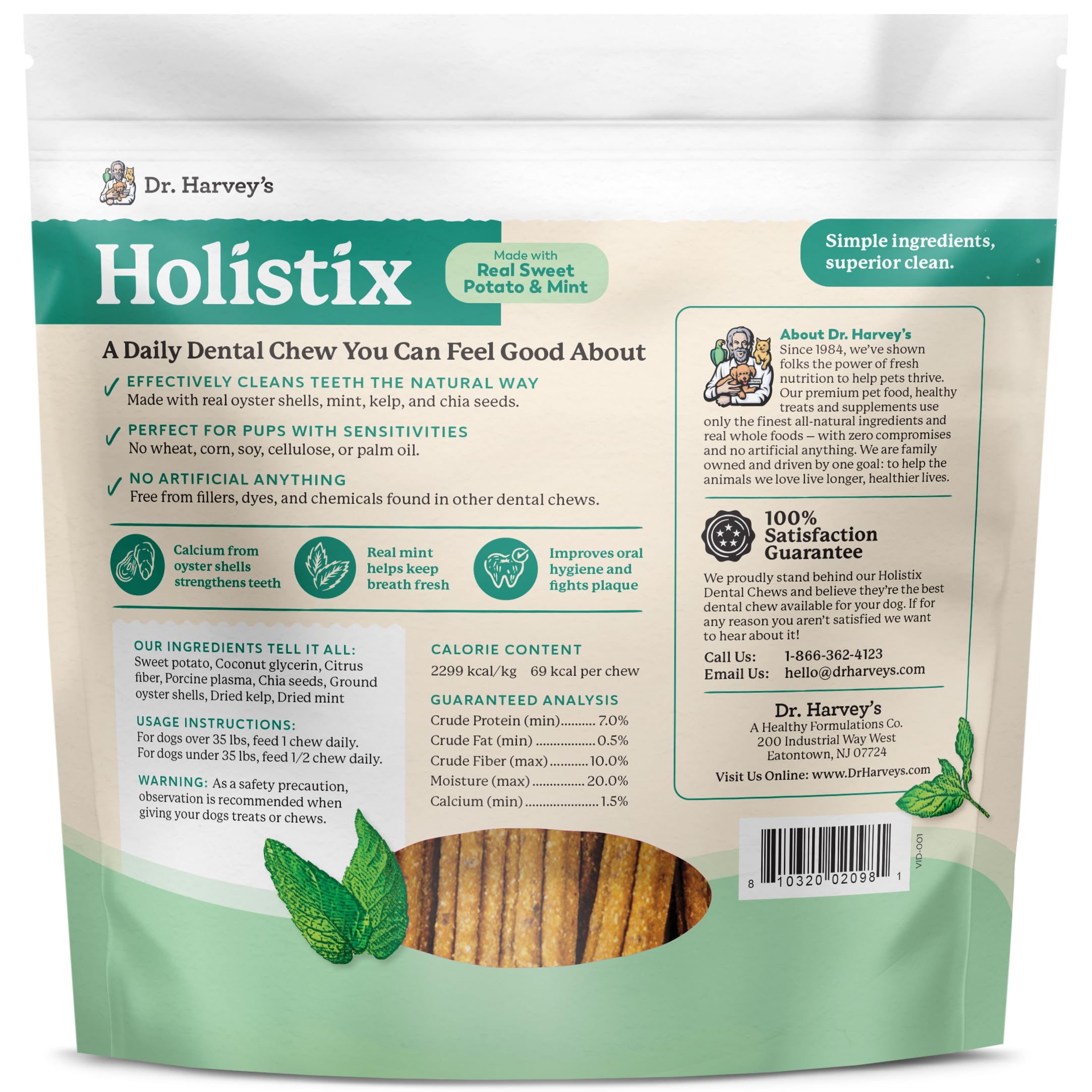 Minty aroma from Dr. Harvey's Holistix chews aiding fresh breath after meals