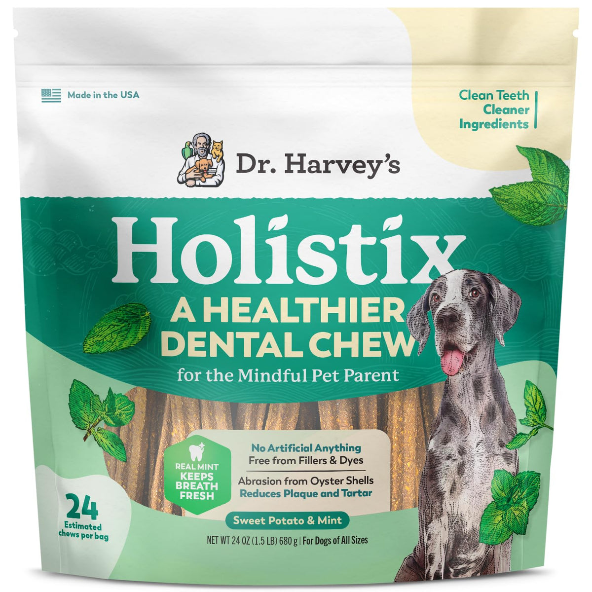 Dr. Harvey's Holistix dental chews pack with sweet potato mint for fresher breath