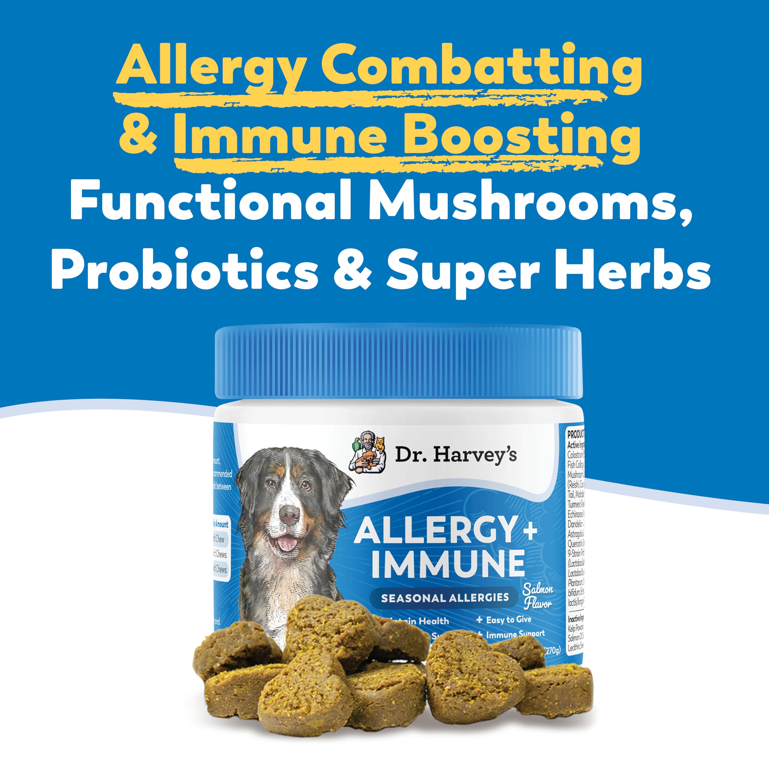 Dr. Harvey's immunesupport soft chews with salmon flavor close-up for tasty digestion support.
