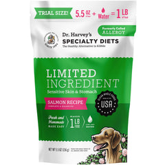 Dr. Harvey's Limited Ingredient Salmon packaging highlights human-grade nutrition for dogs with sensitivities