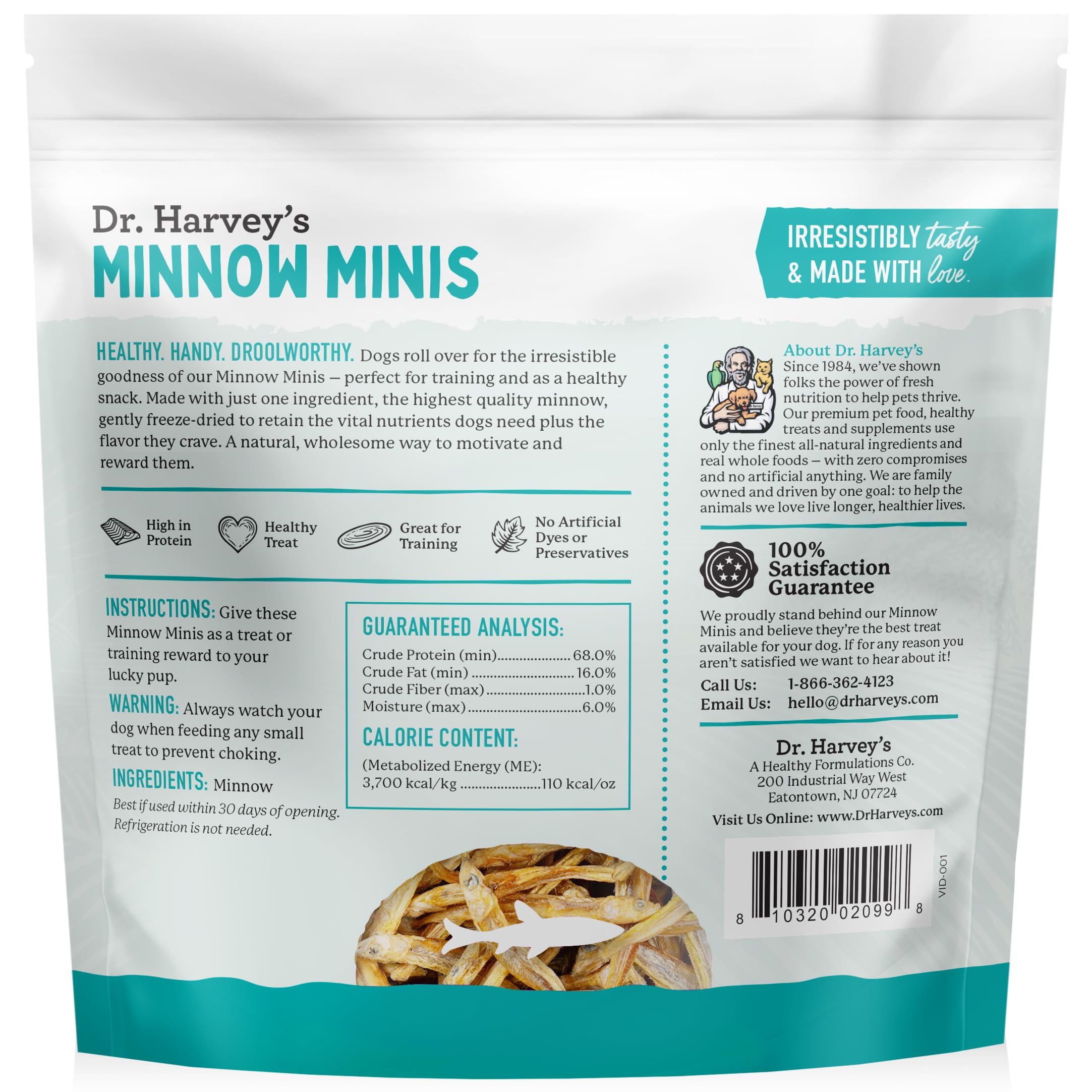 Dr. Harvey's Minnow Minis dog treats in use for training rewards and focus
