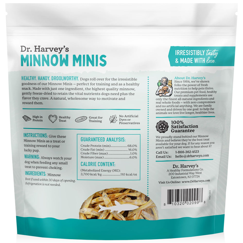 Dr. Harvey's Minnow Minis dog treats in use for training rewards and focus