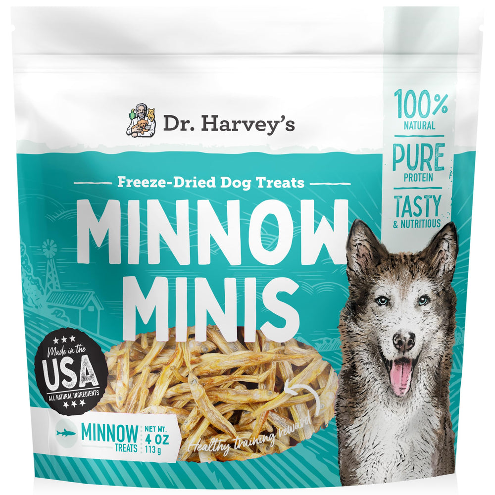 Dr. Harvey's Minnow Minis freeze-dried minnows packaging highlights single-ingredient protein-rich treat