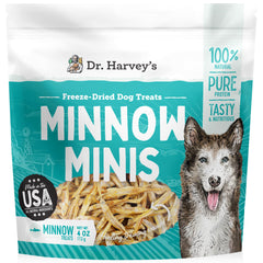 Dr. Harvey's Minnow Minis freeze-dried minnows packaging highlights single-ingredient protein-rich treat