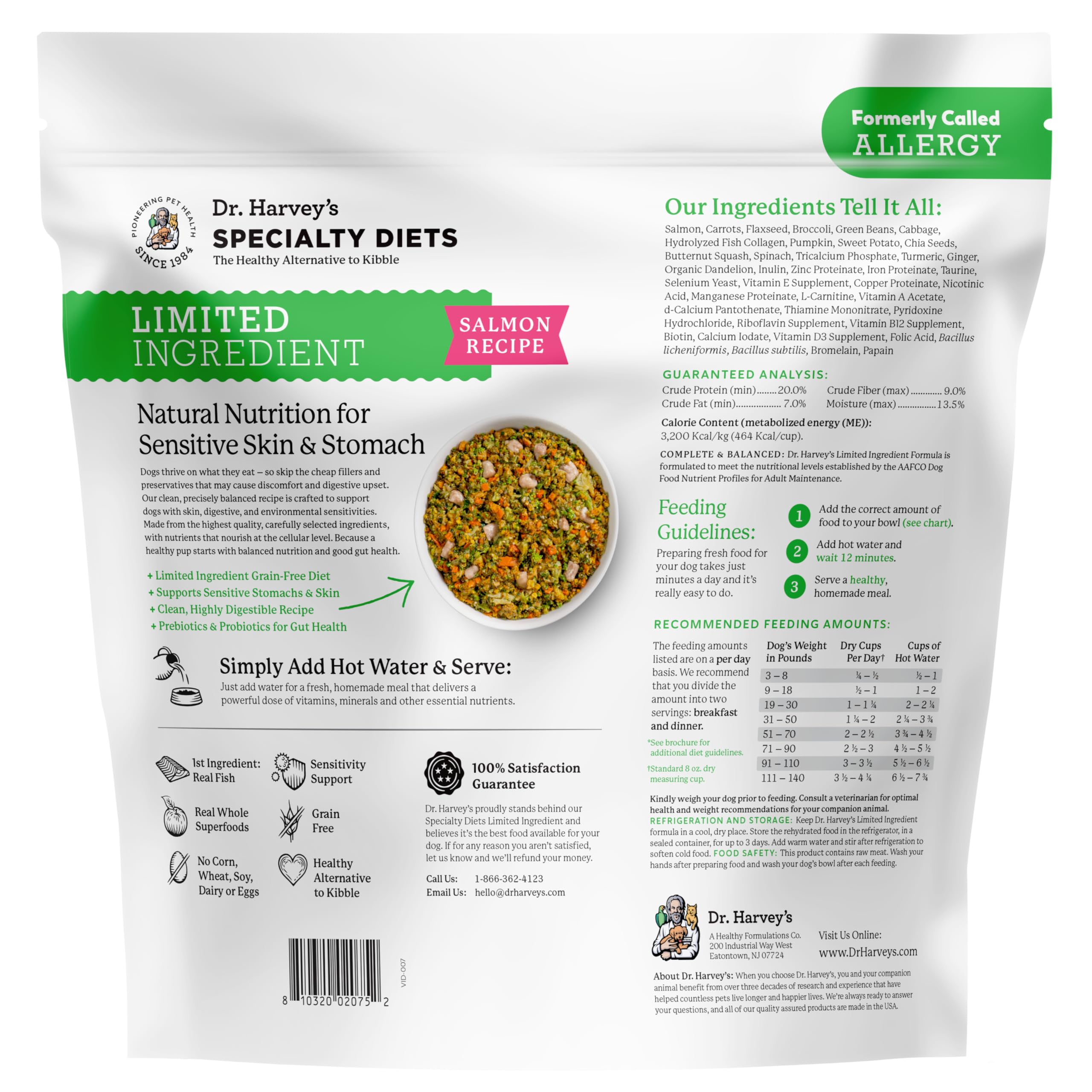 Dr. Harvey's nutrition facts label shows protein and caloric content for informed feeding